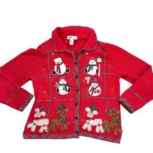 Vtg Kik it Red Snowmen ‘Ugly Christmas’ Sweater Cardigan Large